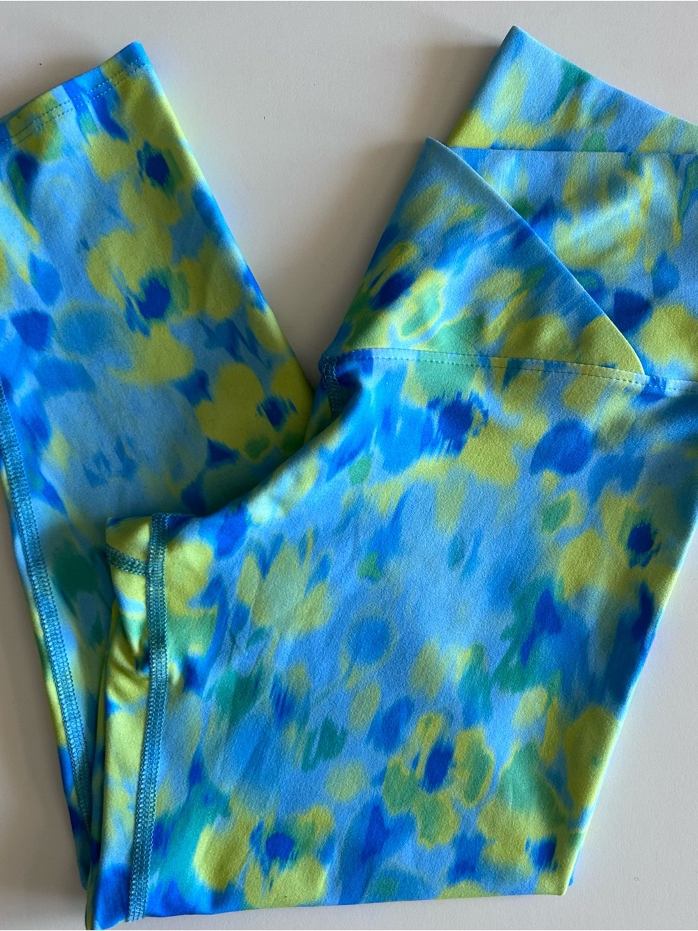 High Rise Comfort Waist Blue & Lime Athletic Leggings